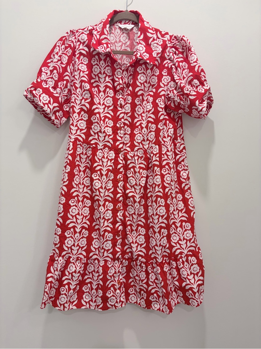Crown & Ivy Red White Floral Tiered Midi Shirt Dress w/ Pockets Size L - Picture 2 of 9